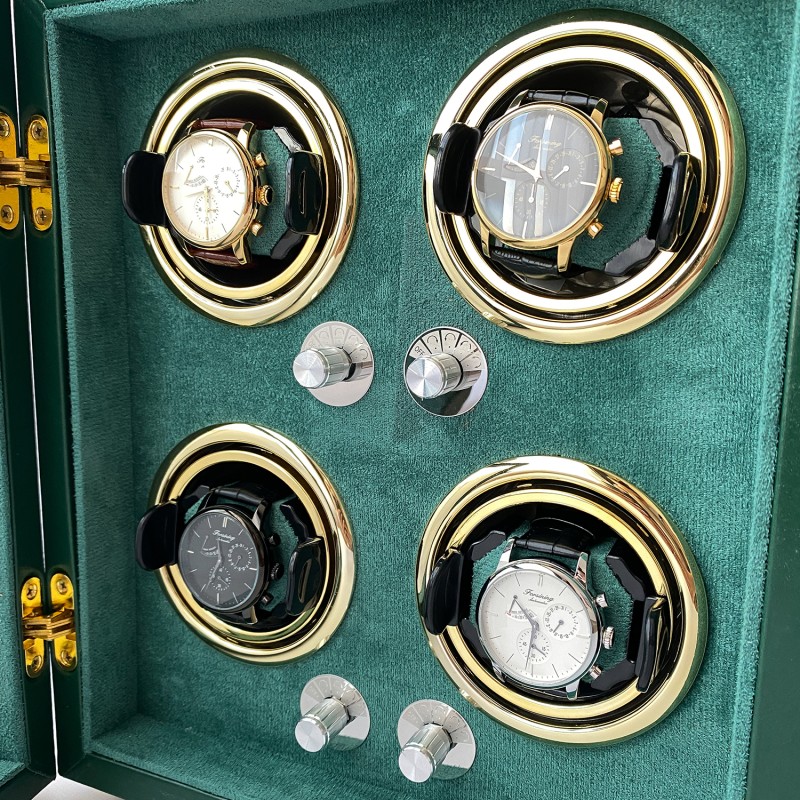Шкатулка для чотирьох годинників з автопідзаводом Boxes 1000-0292 зелена, тайммувер для автопідзаводу