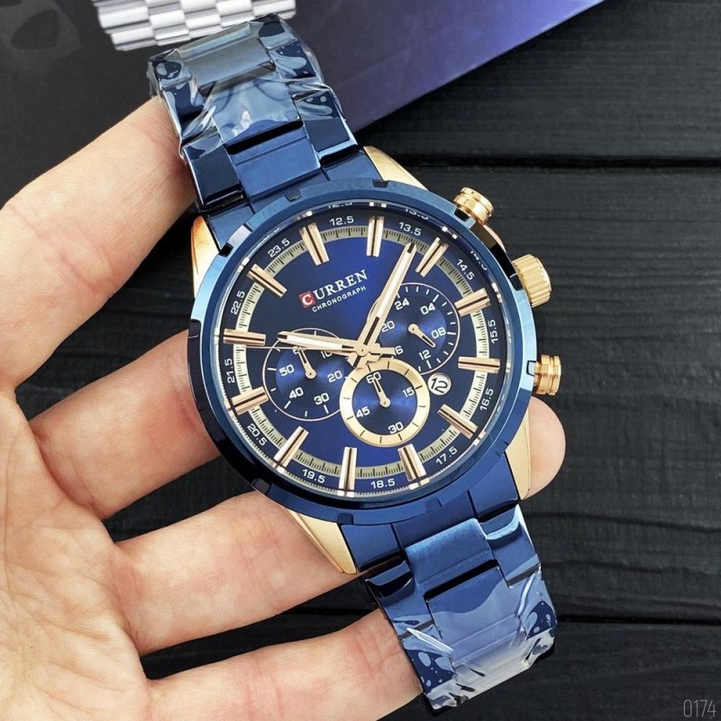 Мужские часы Curren 8355 Blue-Cuprum с хронографом и металлическим браслетом