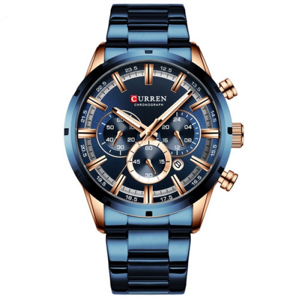 Мужские часы Curren 8355 Blue-Cuprum с хронографом и металлическим браслетом