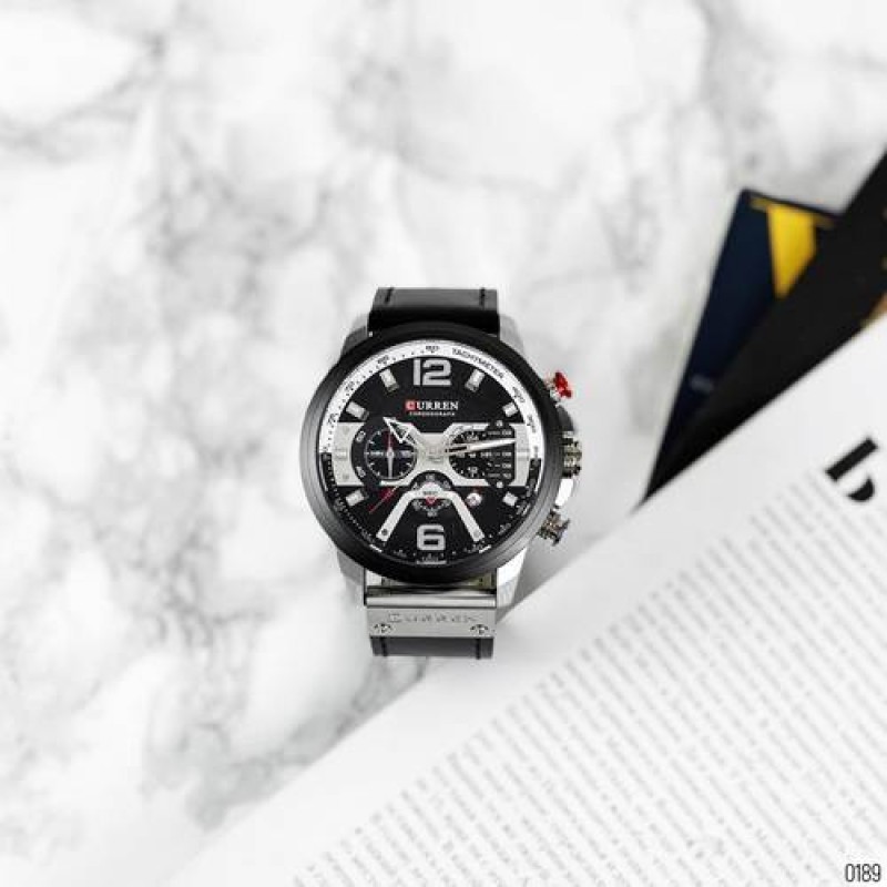 Мужские часы Curren 8329 Black-Silver с хронографом и кожаным ремешком