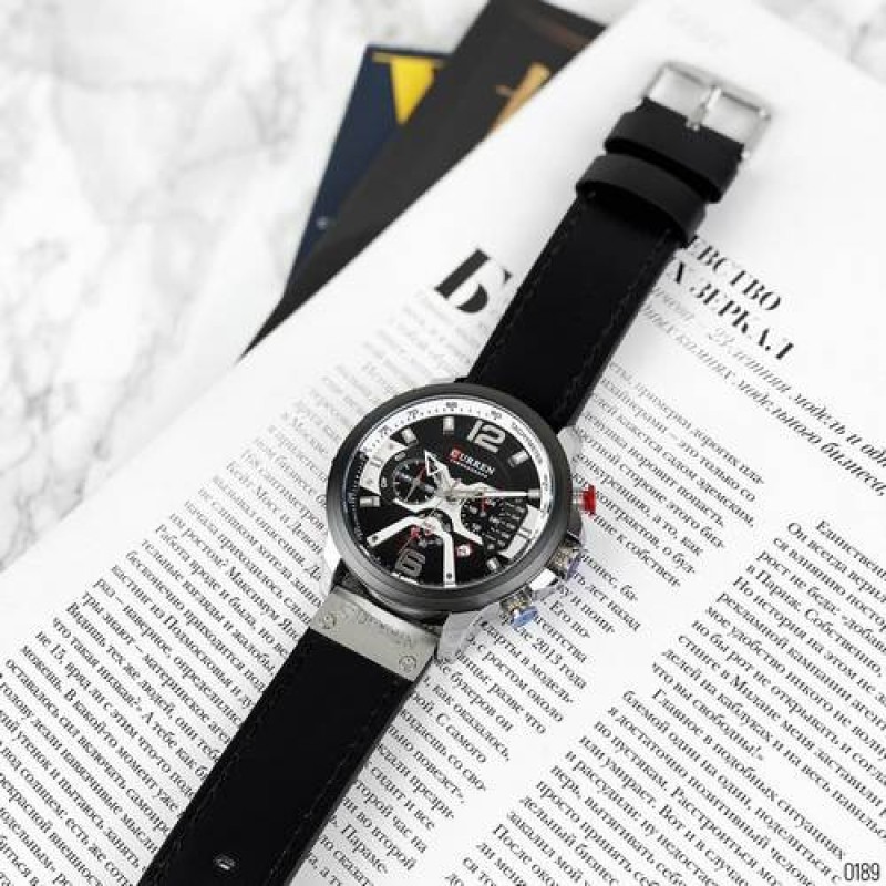 Мужские часы Curren 8329 Black-Silver с хронографом и кожаным ремешком