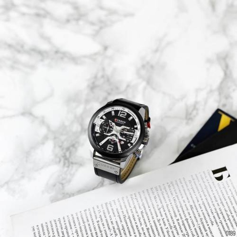 Мужские часы Curren 8329 Black-Silver с хронографом и кожаным ремешком