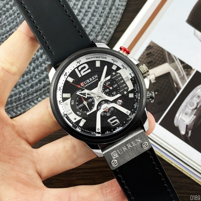 Мужские часы Curren 8329 Black-Silver с хронографом и кожаным ремешком