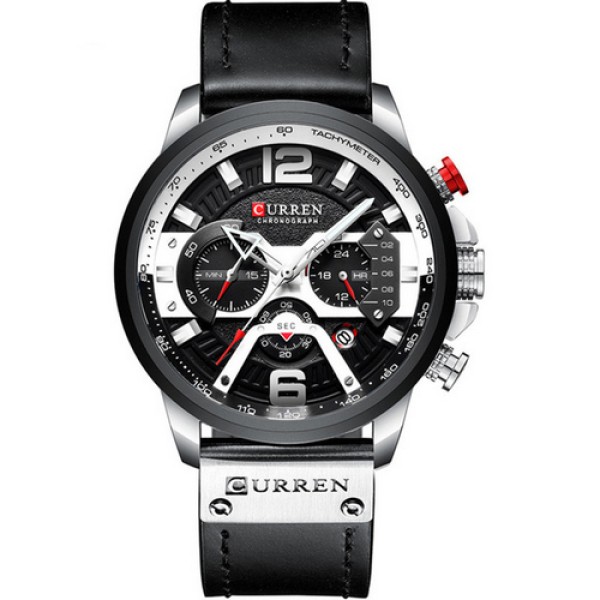 Мужские часы Curren 8329 Black-Silver с хронографом и кожаным ремешком