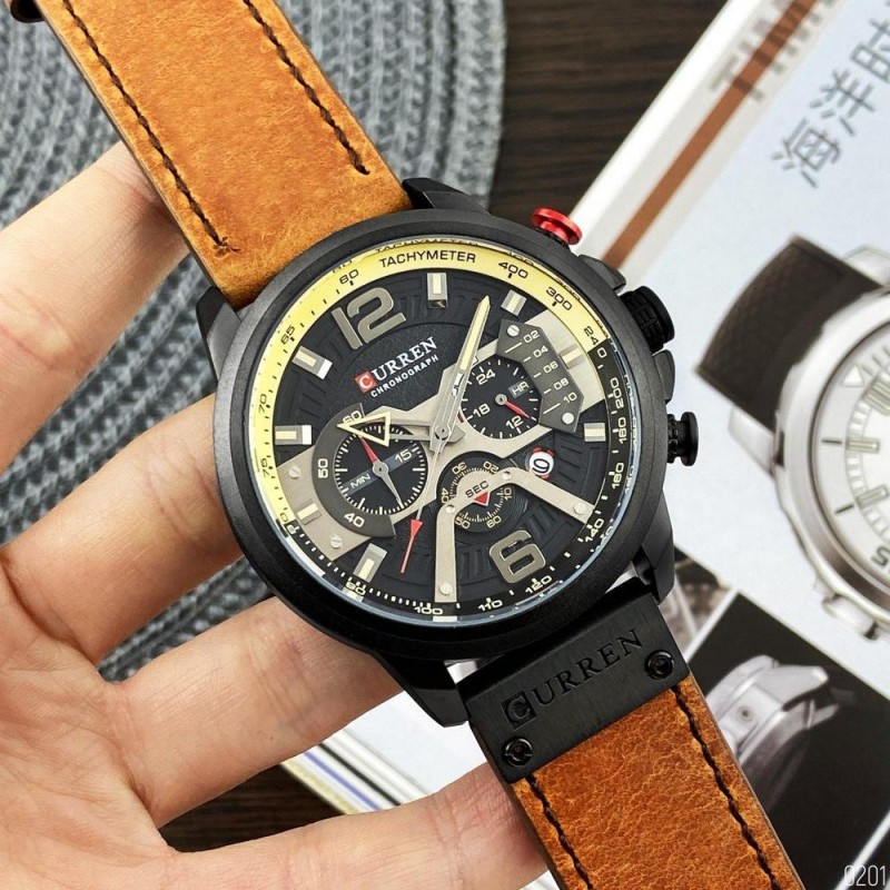 Мужские часы Curren 8329 Black-Brown с хронографом и кожаным ремешком