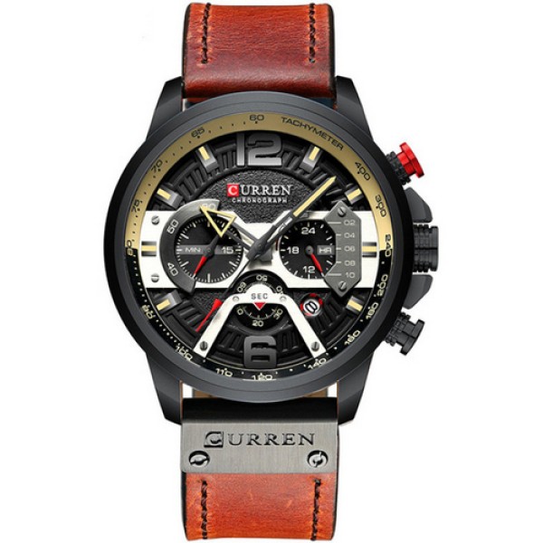 Мужские часы Curren 8329 Black-Brown с хронографом и кожаным ремешком