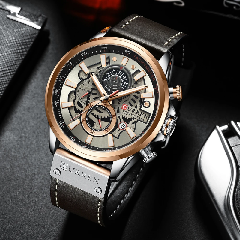 Мужские наручные часы Curren 8380 Black-Brown с хронографом и кожаным ремешком