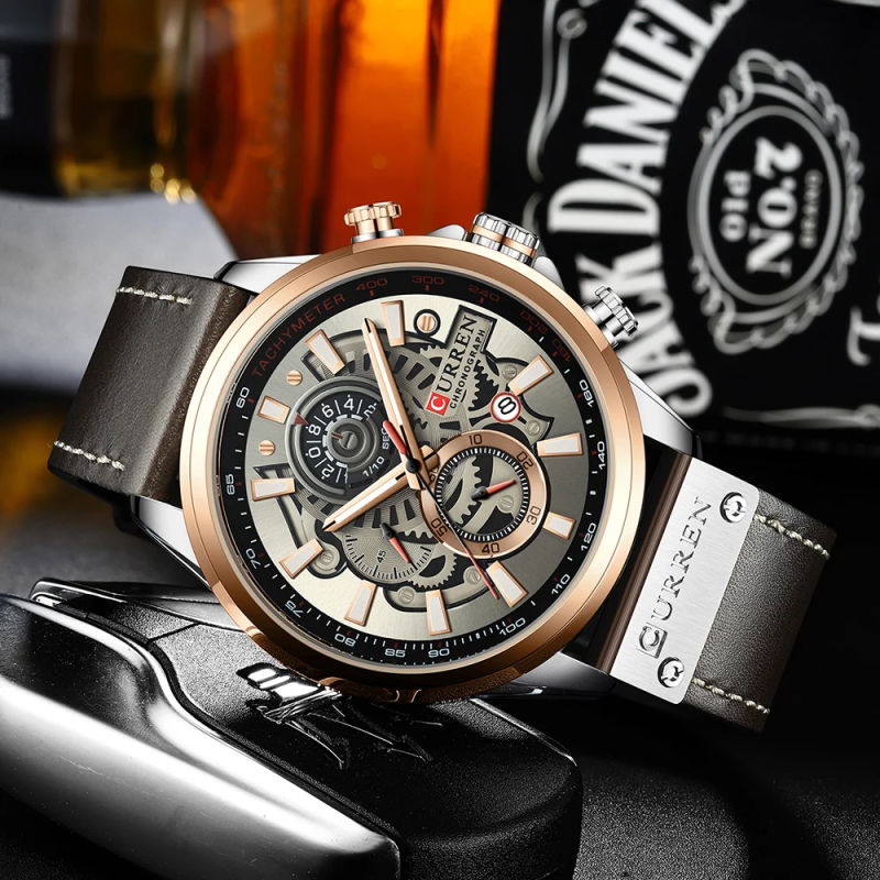 Мужские наручные часы Curren 8380 Black-Brown с хронографом и кожаным ремешком
