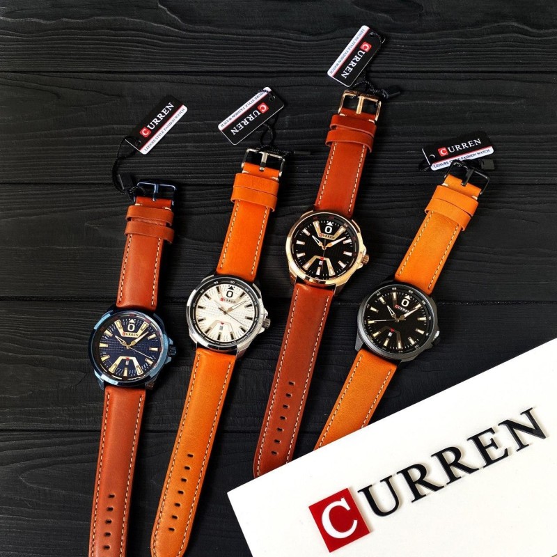 Мужские часы Curren 8379 Cuprum-Black-Brown с минеральным стеклом и кожаным ремешком