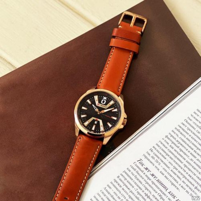 Мужские часы Curren 8379 Cuprum-Black-Brown с минеральным стеклом и кожаным ремешком