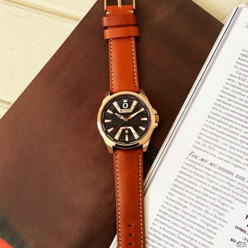 Мужские часы Curren 8379 Cuprum-Black-Brown с минеральным стеклом и кожаным ремешком