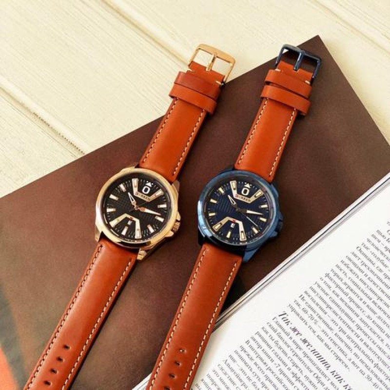 Мужские часы Curren 8379 Cuprum-Black-Brown с минеральным стеклом и кожаным ремешком