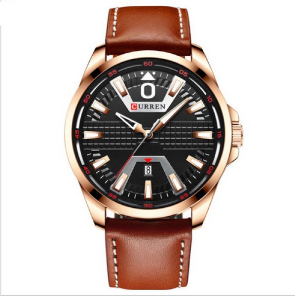 Мужские часы Curren 8379 Cuprum-Black-Brown с минеральным стеклом и кожаным ремешком