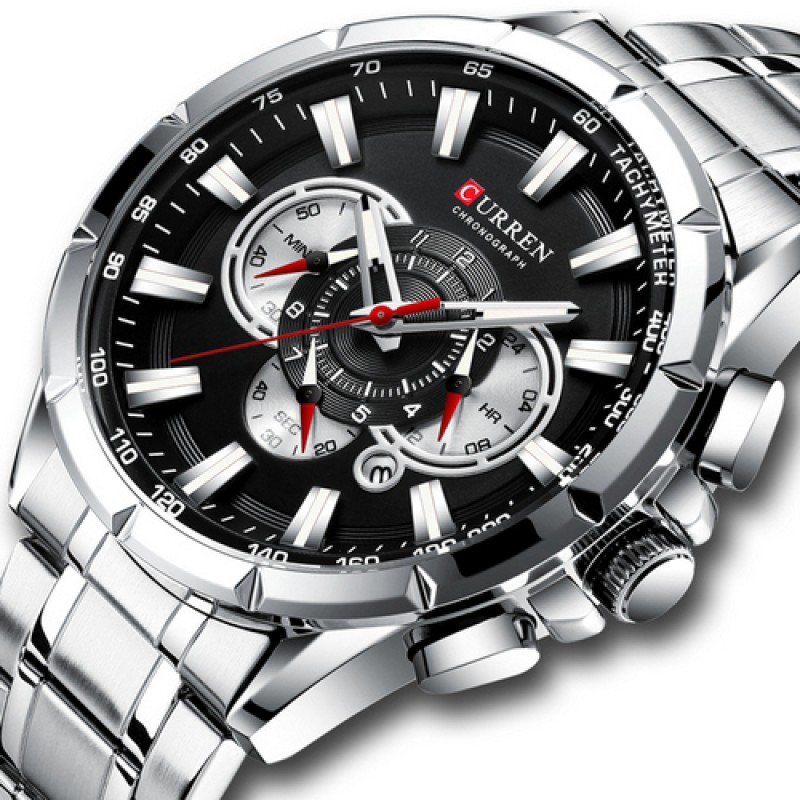 Мужские часы Curren 8363 Silver-Black с хронографом и металлическим браслетом