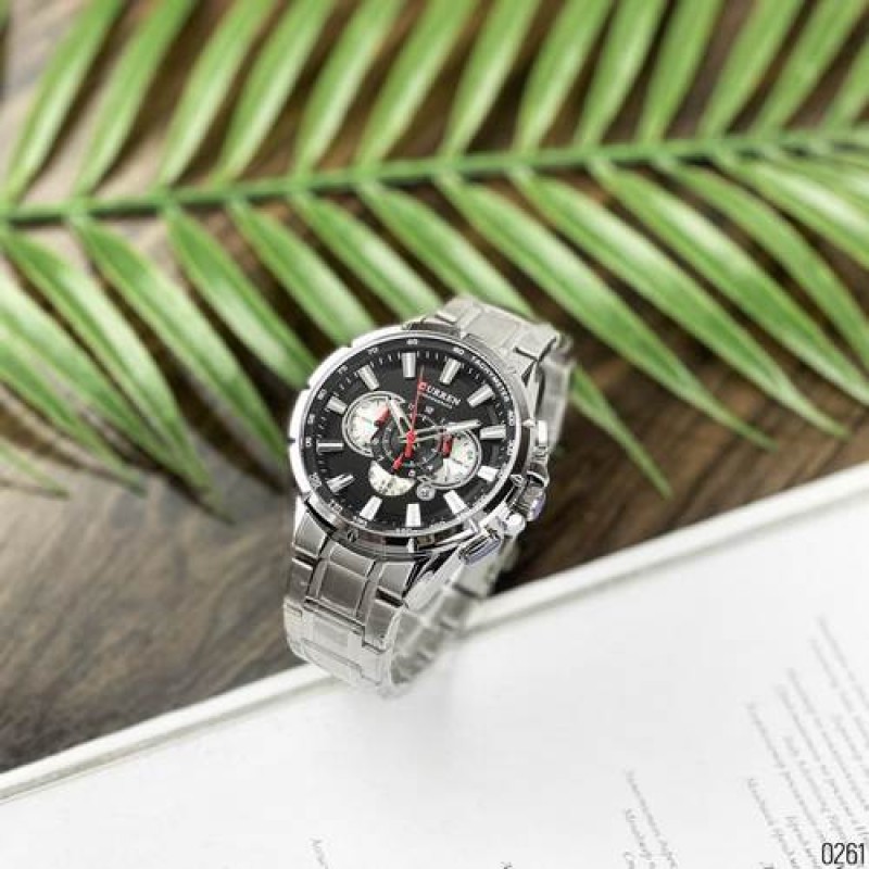 Мужские часы Curren 8363 Silver-Black с хронографом и металлическим браслетом