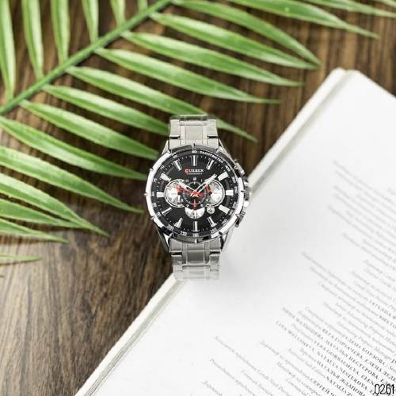 Мужские часы Curren 8363 Silver-Black с хронографом и металлическим браслетом