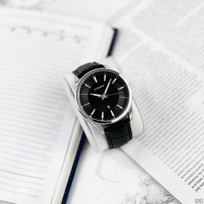 Мужские наручные часы Curren 8365 Silver-Black с серебристым корпусом и кожаным ремешком