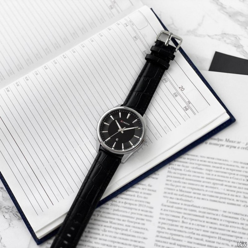 Мужские наручные часы Curren 8365 Silver-Black с серебристым корпусом и кожаным ремешком