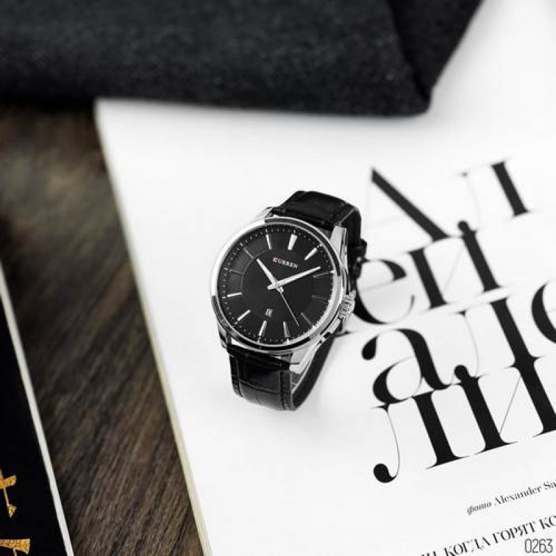 Мужские наручные часы Curren 8365 Silver-Black с серебристым корпусом и кожаным ремешком