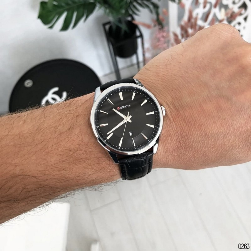 Мужские наручные часы Curren 8365 Silver-Black с серебристым корпусом и кожаным ремешком