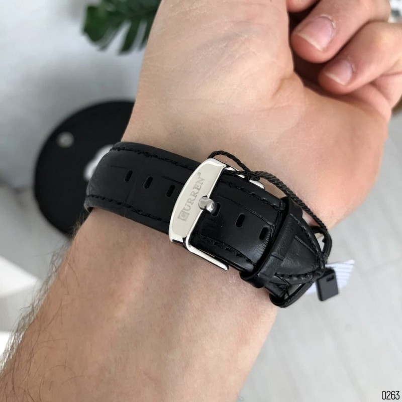 Мужские наручные часы Curren 8365 Silver-Black с серебристым корпусом и кожаным ремешком