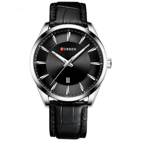 Мужские наручные часы Curren 8365 Silver-Black с серебристым корпусом и кожаным ремешком