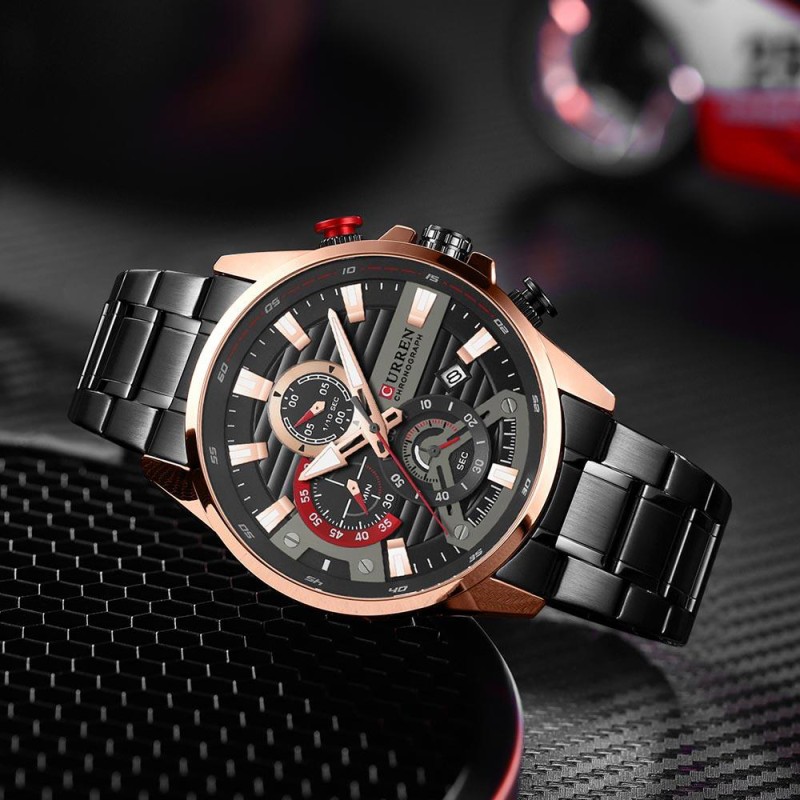 Мужские часы Curren 8415 Black-Gold с хронографом и металлическим браслетом