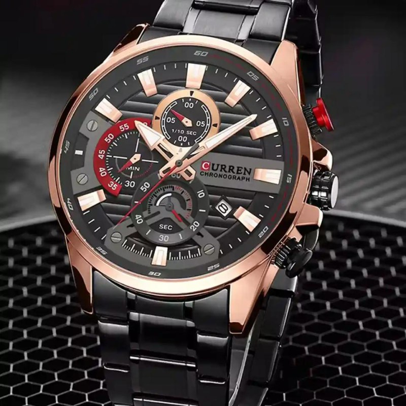 Мужские часы Curren 8415 Black-Gold с хронографом и металлическим браслетом