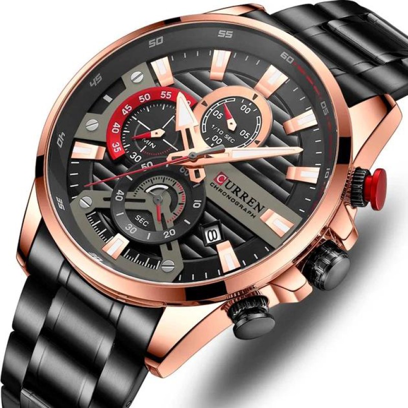 Мужские часы Curren 8415 Black-Gold с хронографом и металлическим браслетом