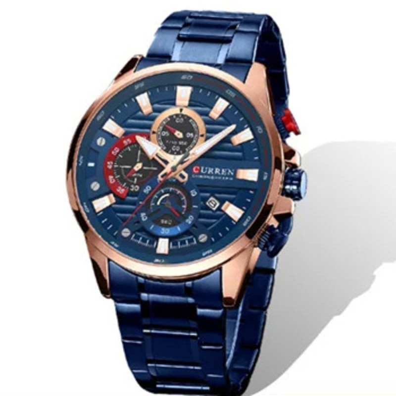 Мужские часы Curren 8415 Blue-Gold с хронографом и металлическим браслетом
