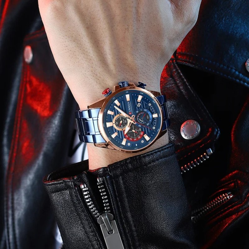 Мужские часы Curren 8415 Blue-Gold с хронографом и металлическим браслетом