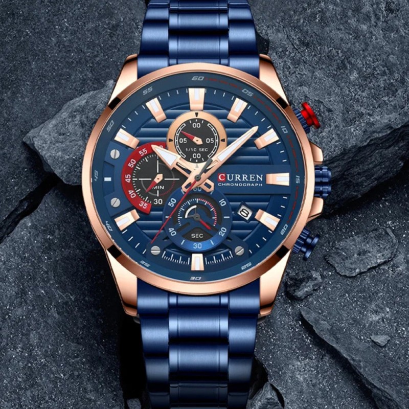 Мужские часы Curren 8415 Blue-Gold с хронографом и металлическим браслетом