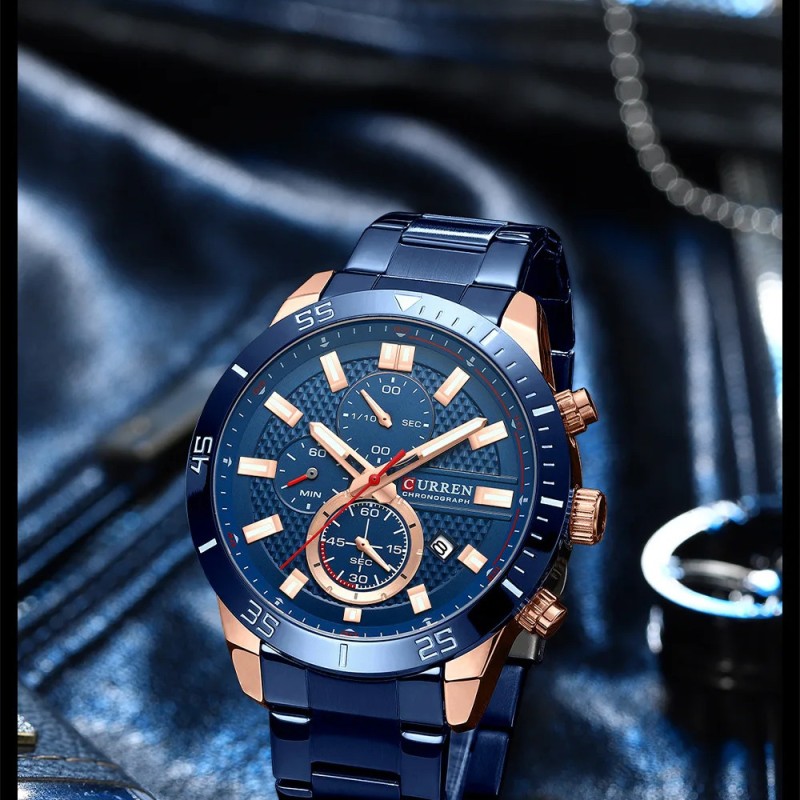 Мужские часы Curren 8417 Blue-Gold с хронографом и синим металлическим браслетом
