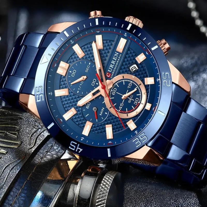 Мужские часы Curren 8417 Blue-Gold с хронографом и синим металлическим браслетом
