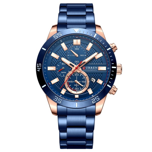 Мужские часы Curren 8417 Blue-Gold с хронографом и синим металлическим браслетом
