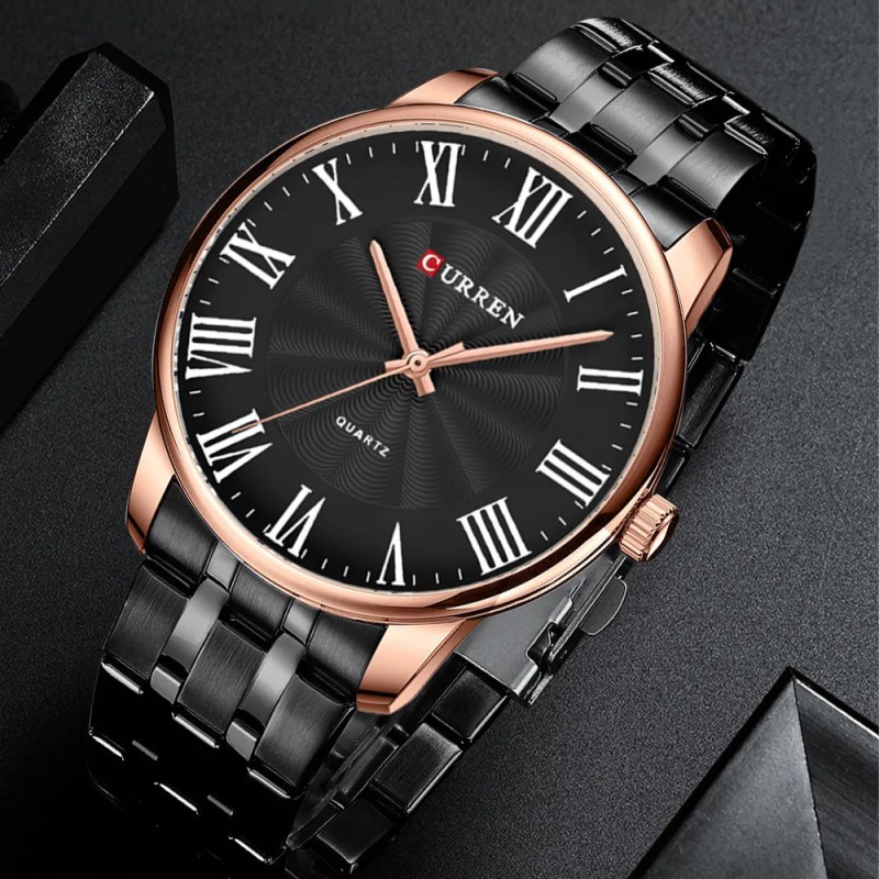 Чоловічий годинник Curren 8422 Black-Gold з металевим браслетом та мінеральним склом