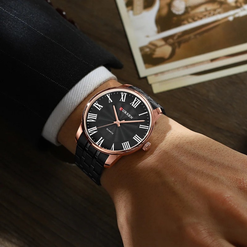 Чоловічий годинник Curren 8422 Black-Gold з металевим браслетом та мінеральним склом