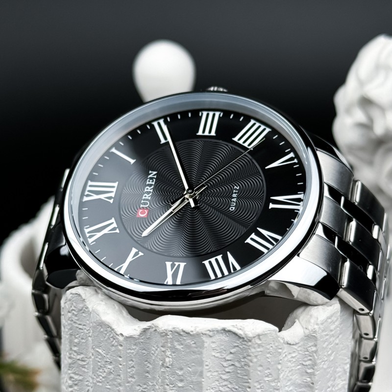 Мужские часы Curren 8422 Silver-Black со стальным браслетом и минеральным стеклом