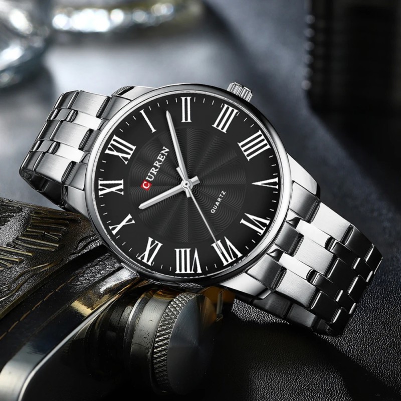 Мужские часы Curren 8422 Silver-Black со стальным браслетом и минеральным стеклом