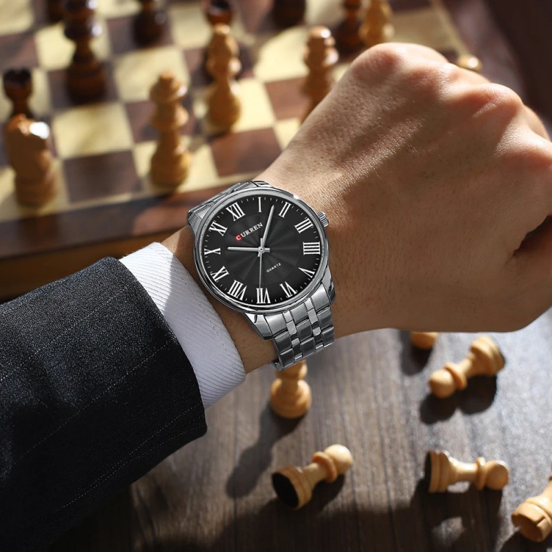 Мужские часы Curren 8422 Silver-Black со стальным браслетом и минеральным стеклом