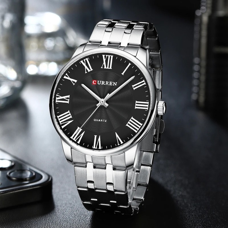Мужские часы Curren 8422 Silver-Black со стальным браслетом и минеральным стеклом