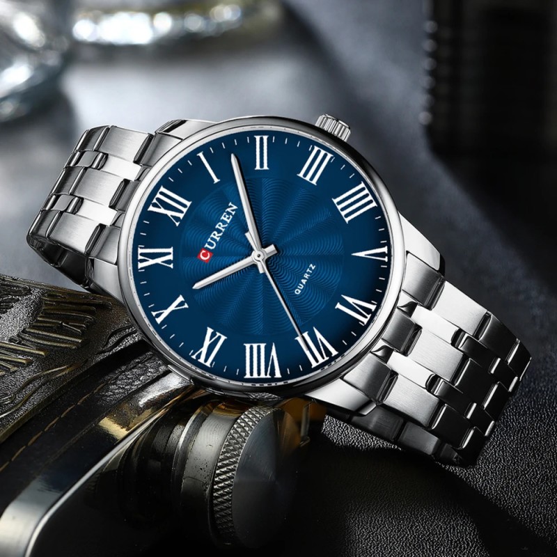 Мужские наручные часы Curren 8422 Silver-Blue со стальным браслетом и синим циферблатом