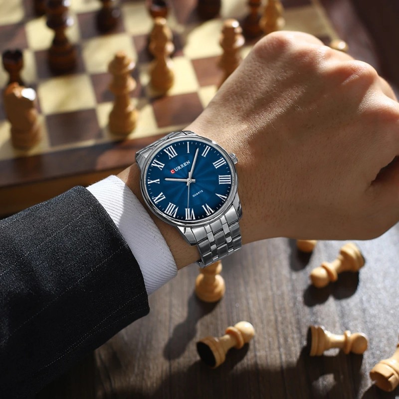 Мужские наручные часы Curren 8422 Silver-Blue со стальным браслетом и синим циферблатом