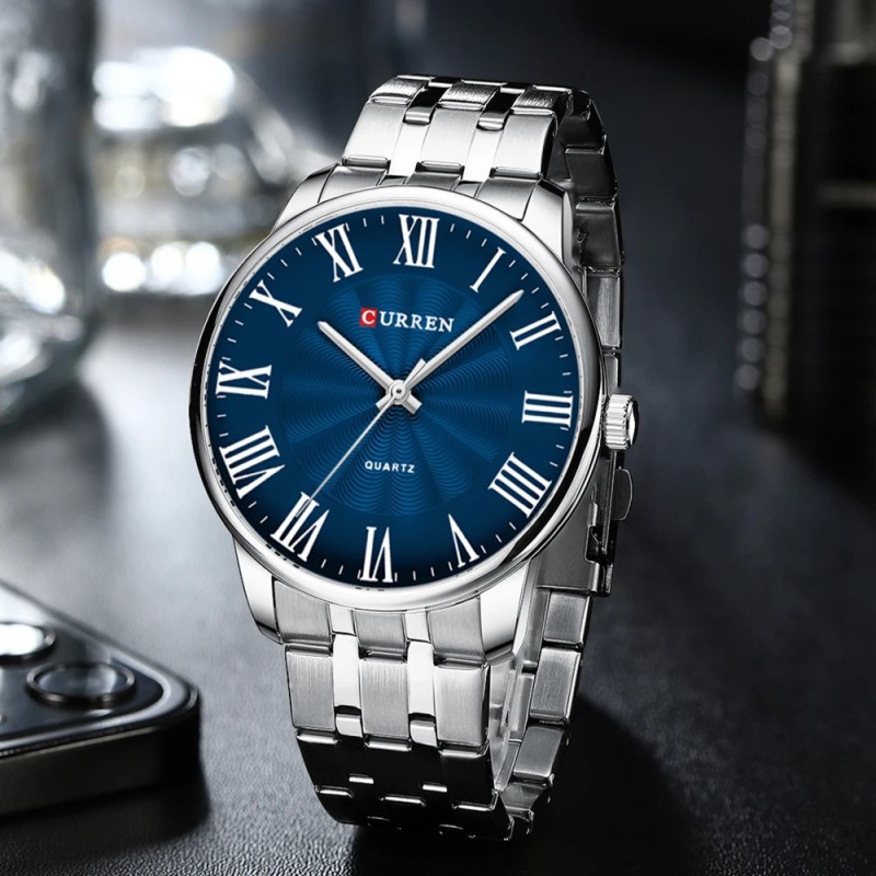 Мужские наручные часы Curren 8422 Silver-Blue со стальным браслетом и синим циферблатом