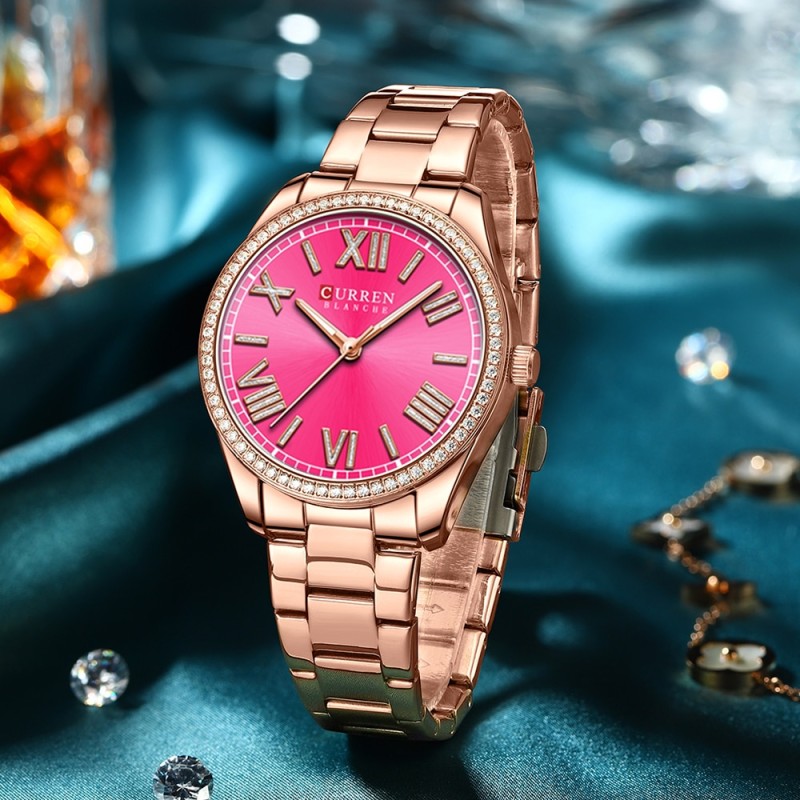 Женские часы Curren 9088 Rose Gold-Pink в классическом стиле с розовым циферблатом