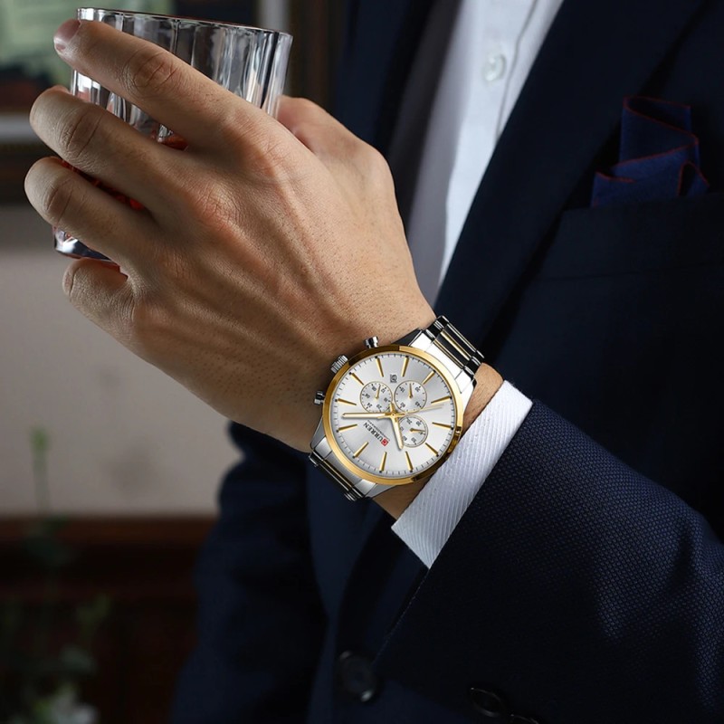 Мужские часы Curren 8435 Silver-Gold-Silver с хронографом и стальным браслетом