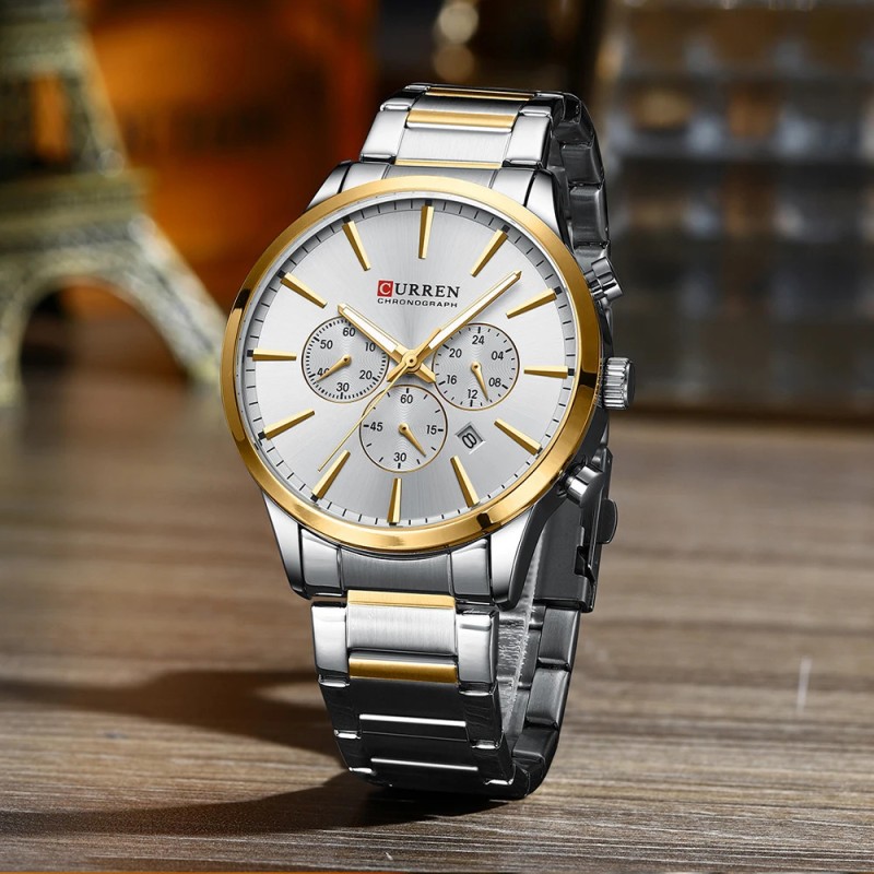 Мужские часы Curren 8435 Silver-Gold-Silver с хронографом и стальным браслетом