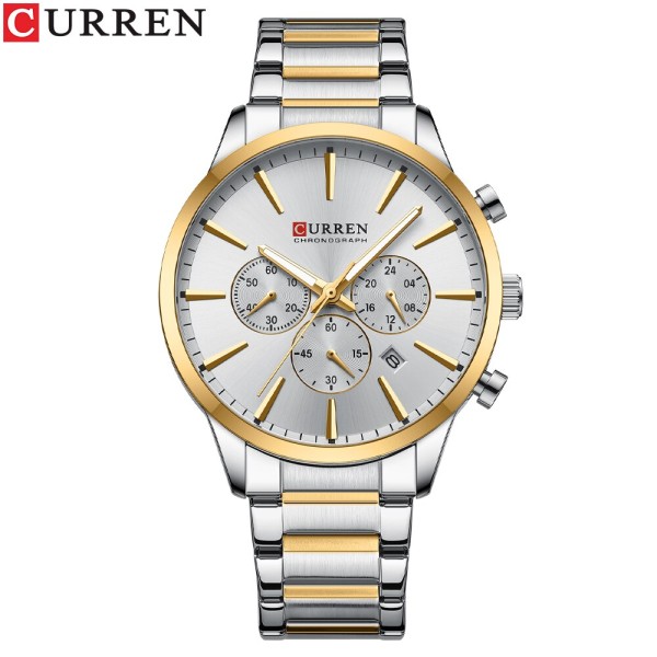 Мужские часы Curren 8435 Silver-Gold-Silver с хронографом и стальным браслетом