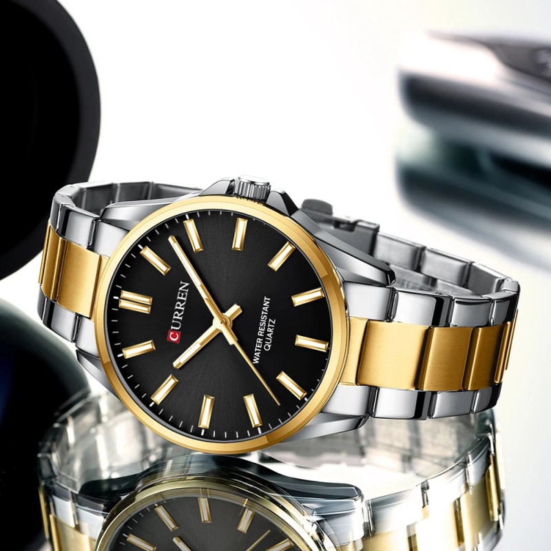 Чоловічий годинник Curren 9090 Silver-Gold-Black з мінеральним склом та сталевим браслетом