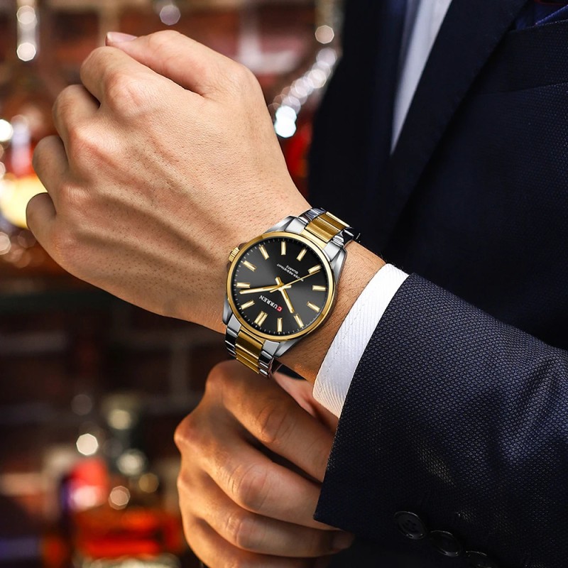 Чоловічий годинник Curren 9090 Silver-Gold-Black з мінеральним склом та сталевим браслетом